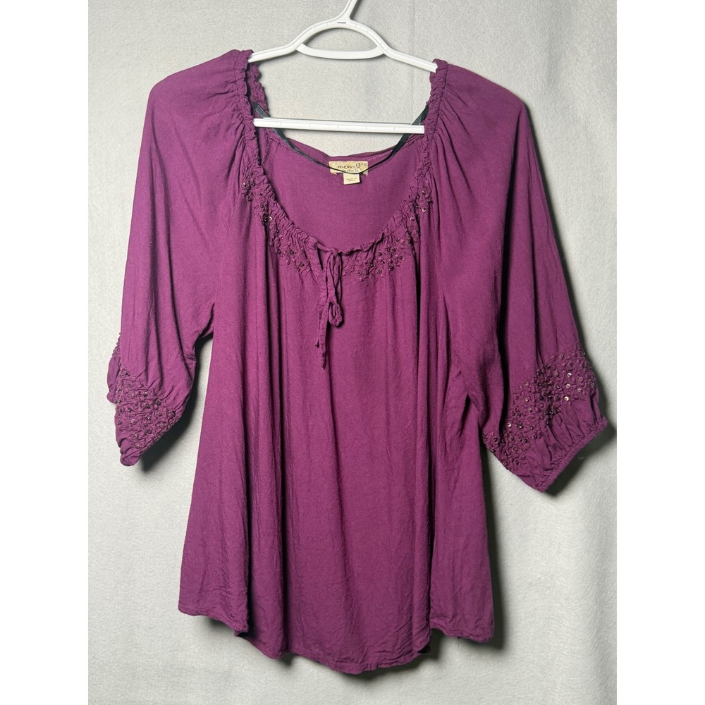 One World Plum Purple Sequin Embroidered Peasant Blouse 3/4 Sleeve PXL 403EMP757
